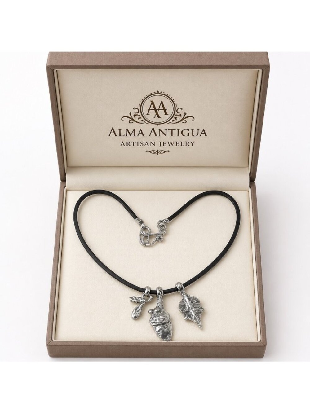 The Forest Floor — Silver Acorn & Leaf Charm Necklace on Leather Cord - Artisan